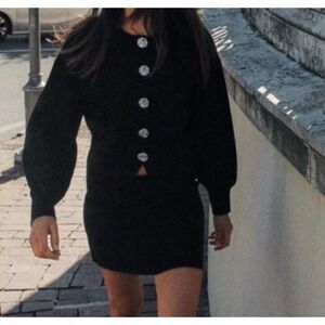 JASON WU Black Button Front Cardigan Embellished Rose Buttons Puffed Sleeve M